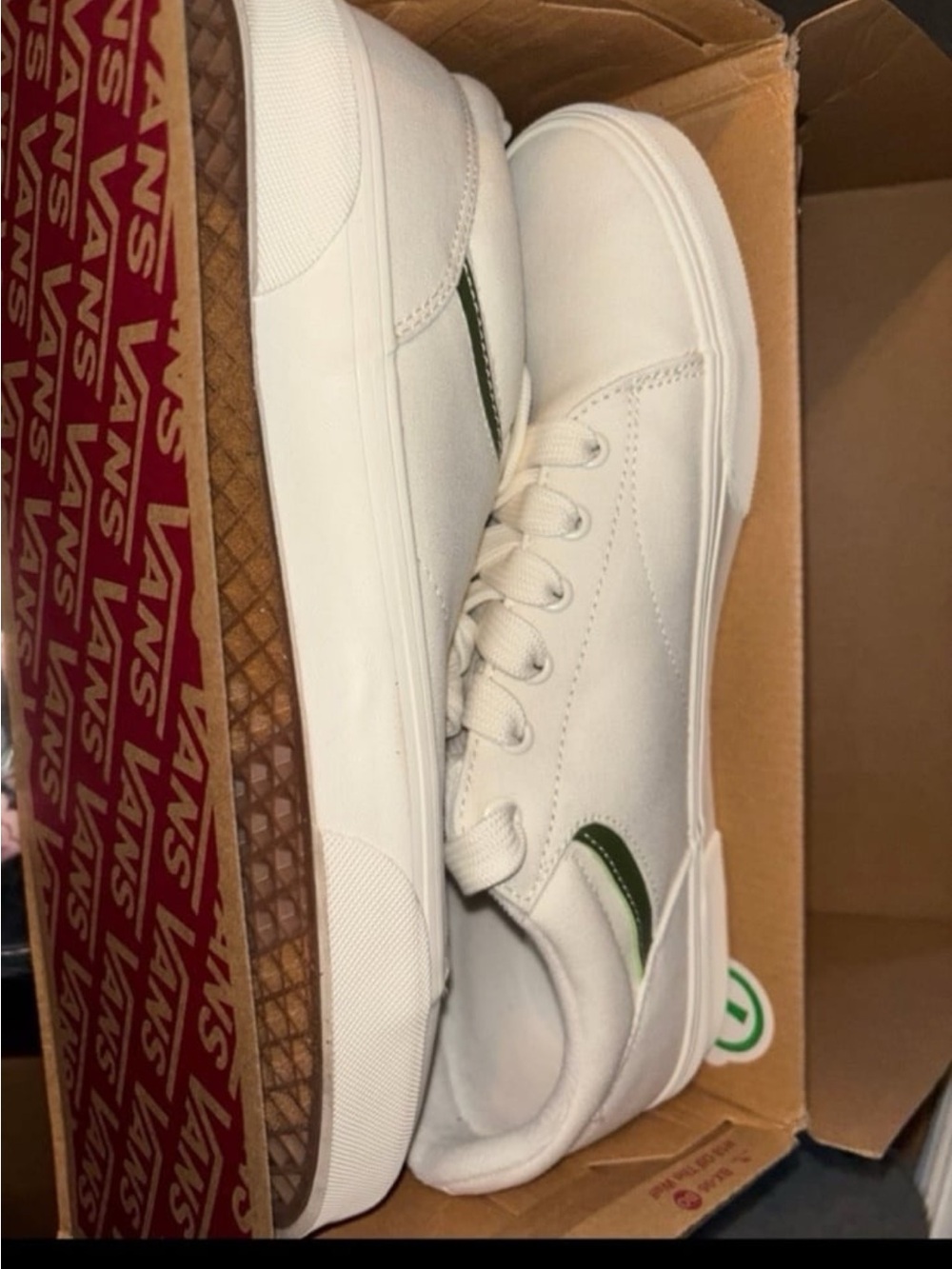 Vans White Canvas Low-Top Sneakers with Green Stripe